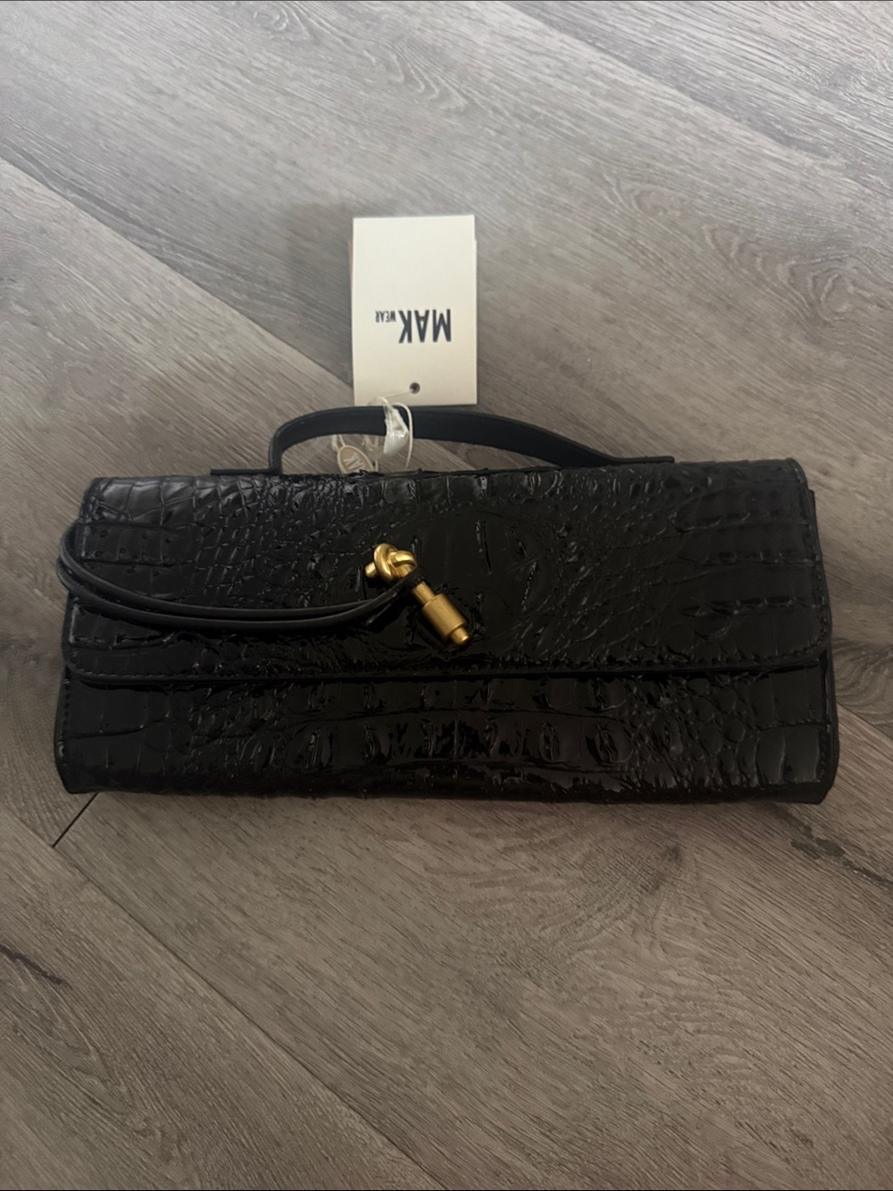 Black Croc-Embossed Clutch with Gold Accent
